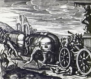 Devotees being crushed by chariot during procession of idol, engraving by Theodor de Bry