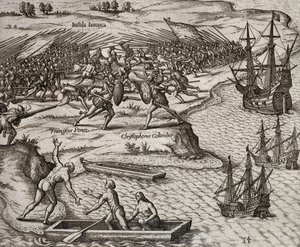 Fight Between Christopher Columbus and Francesco Poresio in Jamaica by Theodore de Bry