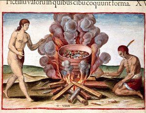 History of America: Indian cooking fish. Engraving from Admirante Narratio Americae by Theodore de Bry (1528-1598) by Theodore de Bry