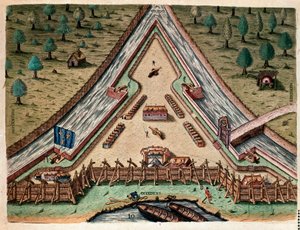 History of America: Life of Fort Carolina, Bastion of Carolina. Engraving from Admirante Narratio Americae by Theodore de Bry after a drawing by Jacques le Moyne by Theodore de Bry