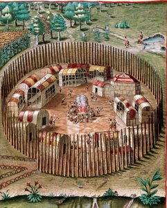 History of America: Representation of the fortified city Pomeiock or Pomeiooc in Virginia in 1585. Engraving from Admirante Narratio Americae by Theodore de Bry (1528-1598) by Theodore de Bry