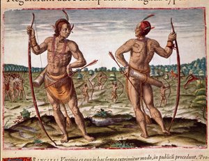History of America: Two inhabitants of Virginia, Indian weapons of arrows and bow. Engraving from Admirante Narratio Americae by Theodore de Bry (1528-1598) by Theodore de Bry