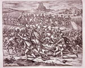 History of America: fights between the armies of Vaca de Castro and Almagro junior after the death of Francisco Pizarro and Diego de Almagro (Engraving)