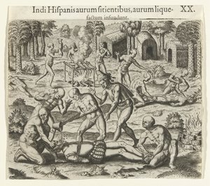 Indians pour liquid gold into the mouth of a Spaniard, 1594