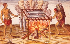 How Indians Cook Fish, Illustration from Admiranda Narratio by Theodore De Bry