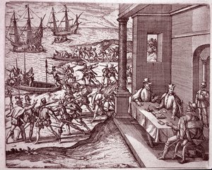 The Spanish conquistadores Francisco Pizarro, Diego de Almagro and Hernando de Luque joined forces to conquer Peru by Theodore de Bry