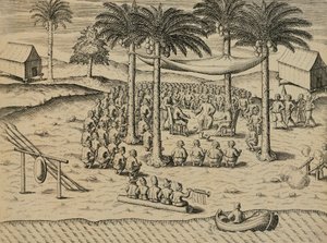 Welcome from Indigenous African Natives, Illustration from Indiae Orientalis by Antonio Pigafetta, by Theodore de Bry