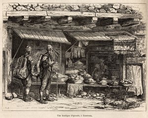 A grocery store in Erzeroum (Armenia), engraved after a drawing by the author, illustrating the journey in Lazistan and Armenia by Theophile Louis Deyrolle
