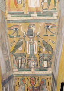 Interior of the coffin of Imenemipet depicting the wedjat eye and a woman with raised arms, 21st-22nd Dynasty