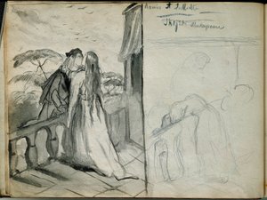 Romeo and Juliet Illustration of the piece of the same name by William Shakespeare (1564-1616) representing lovers kissing on the balcony. Sketch by Theodore Chasseriau (1819-1856) Paris. Louvre Museum by Théodore Chassériau