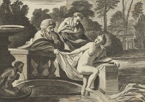 Susanna, Partly Naked and Stepping Out of a Fountain with Two Elders at Left by Théodorus van Kessel