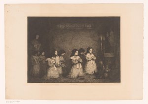Group of Girls Praying Before a Statue of Mary (La Prière) (title on object) (Eaux-Fortes Modernes: Originales et Inédites) (series title) by Théodule Augustin Ribot