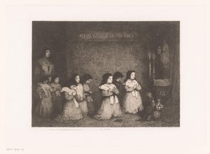 Group of Girls Praying Before a Statue of Mary (The Prayer) (Modern Etchings: Original and Unpublished series) by Théodule Augustin Ribot