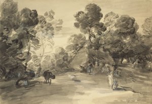 Wooded Landscape with Figures, Cottage and Cow by Thomas (after) Gainsborough