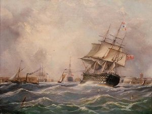 British Warship off Portsmouth by Thomas (attr. to) Buttersworth