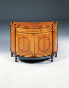 George III marquetry demi-lune commode, c.1760-79 by Thomas (attr.to) Chippendale