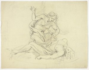 Pyramus and Thisbe (recto); Three Male Figures with Mausoleum Floor Plan (verso)