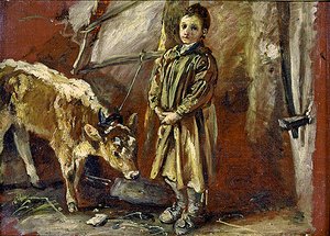 Boy with a tethered calf