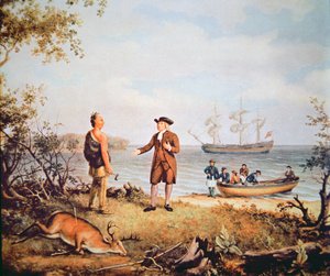 William Penn arrives in America for the first time and meets a Native American in 1682