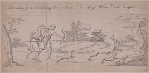 Two figures in classical costume hunting a stag by Thomas Carter