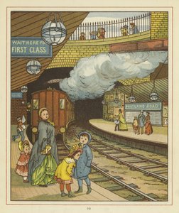 A woman standing with a group of children on a platform at Portland Road railway station by Thomas Crane