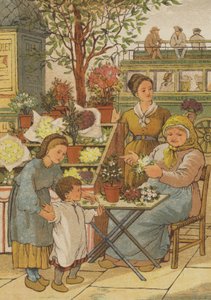 Paris: a flower stall (color lithograph)