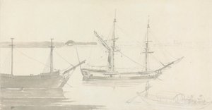 Two Moored Ships and a Fishing Boat by Thomas Daniell