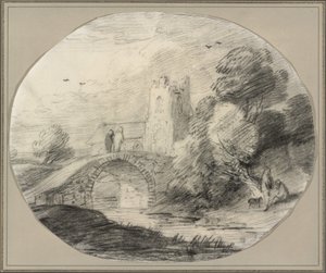 River Landscape with a Bridge and a Church by Thomas Gainsborough