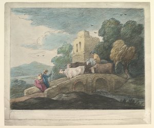 Wooded Landscape with Herdsmen Driving Cattle over a Bridge, Rustic Lovers and Ruined Castle