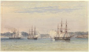 The China War 1857, three of HM Ships bombarding and ship