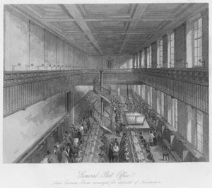 General Post Office, Letter Carriers Room Arranged for Dispatch of Newspapers, c. 1841