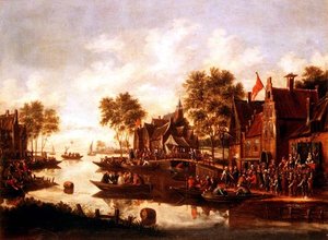 A Village Kermesse with Players on a Stage by an Inn and Men Drinking in Boats