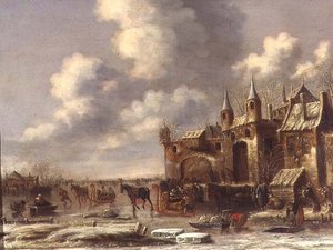 Townsfolk on the Ice by a Town Gate