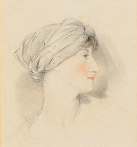 Portrait head of Mrs Jens Wolff, in profile to the right, wearing a turban