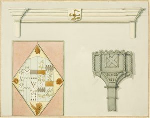 Chimneypiece, stained glass and snow box at 35 High Street by Thomas Leeson the Elder Rowbotham