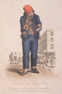 Fiddler with a prosthetic arm, with a market in the background by Thomas Lord Busby