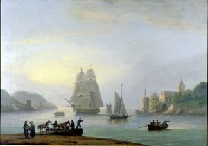 A Brig Entering Dartmouth Harbour, with a Ferry in the Foreground, 1828