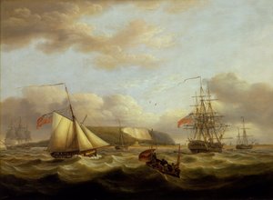 A cutter passing astern of a frigate, early 19th century