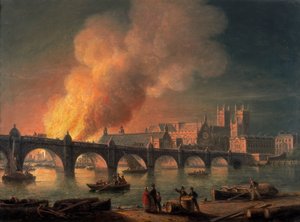 Westminster Bridge and the Burning of the Houses of Parliament from Lambeth, 1835 by Thomas Luny