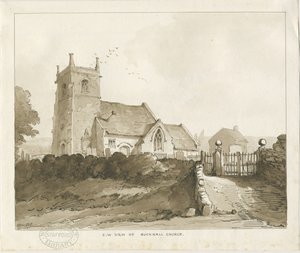 Bucknall Church: Sepia Drawing by Thomas Peploe Wood
