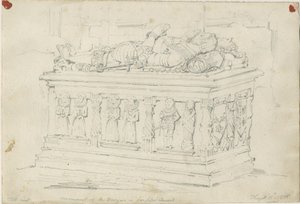 Seighford Church - Tomb of William and Mercy Bowyer: pencil drawing by Thomas Peploe Wood