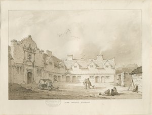 Stafford - Alms Houses: sepia drawing, nd [1837] by Thomas Peploe Wood