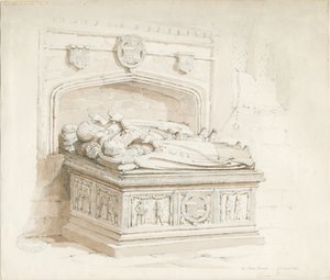 Stowe Church - Table tomb [of Sir Walter Devereux]: sepia drawing by Thomas Peploe Wood