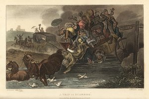 A Trip to Scarborough: A Coach Overladen with Luggage and Passengers Drives into a Pond