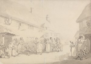 A Village Scene with Girls Spinning by Thomas Rowlandson