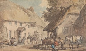A Village Street with Cattle and Sheep Being Driven Through by Thomas Rowlandson