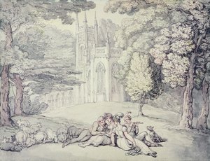 A college green with a group of damsels and young gentlemen in the foreground by Thomas Rowlandson