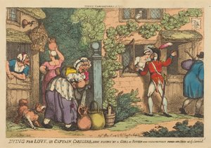Dying for Love, or Captain Careless Shot Flying by a Girl of Fifteen, who Unexpectedly Popped her Head out of a Casement by Thomas Rowlandson
