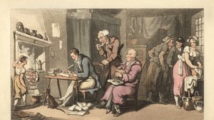 English gentleman writing a begging letter in a decrepit parlour