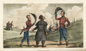 Ensign Johnny Newcome Introduced to the Colonel of his Regiment before the Battle of Salamanca. Handcoloured Copperplate Engraving Drawn and Etched by Thomas Rowlandson from Colonel David Roberts